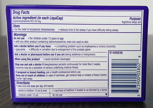 photo showing the label of a box of zzzquil with the ingredients listed as diphenhydramine 25mg