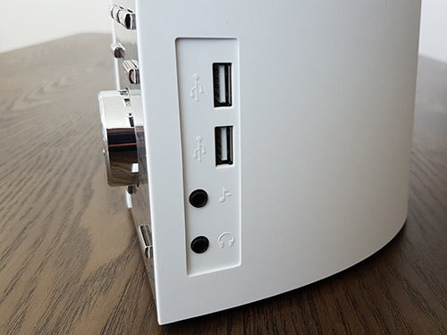 Sound+Sleep white noise machine side photo showing the headphone jack, audio in and USB charging ports