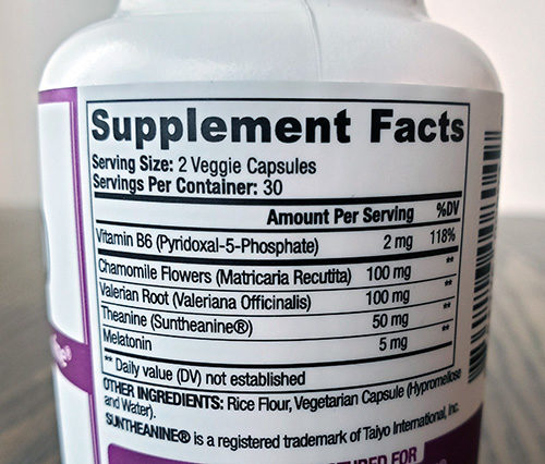 photo of the ingredients label on a bottle of physician's choice sleep aid