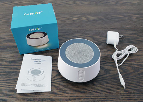 letsfit white noise machine with the box, instructions manual, and power cable