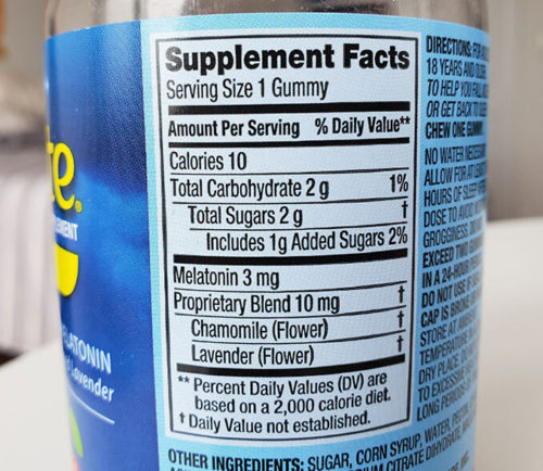 photo of the label showing the supplement facts and ingredients of midnite sleep aid