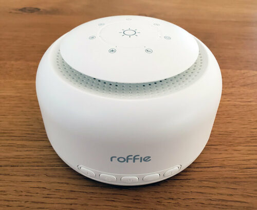 full view of the front and top of a roffie white noise machine on a table