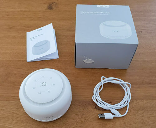 roffie white noise machine with the box, power cable, and instructions